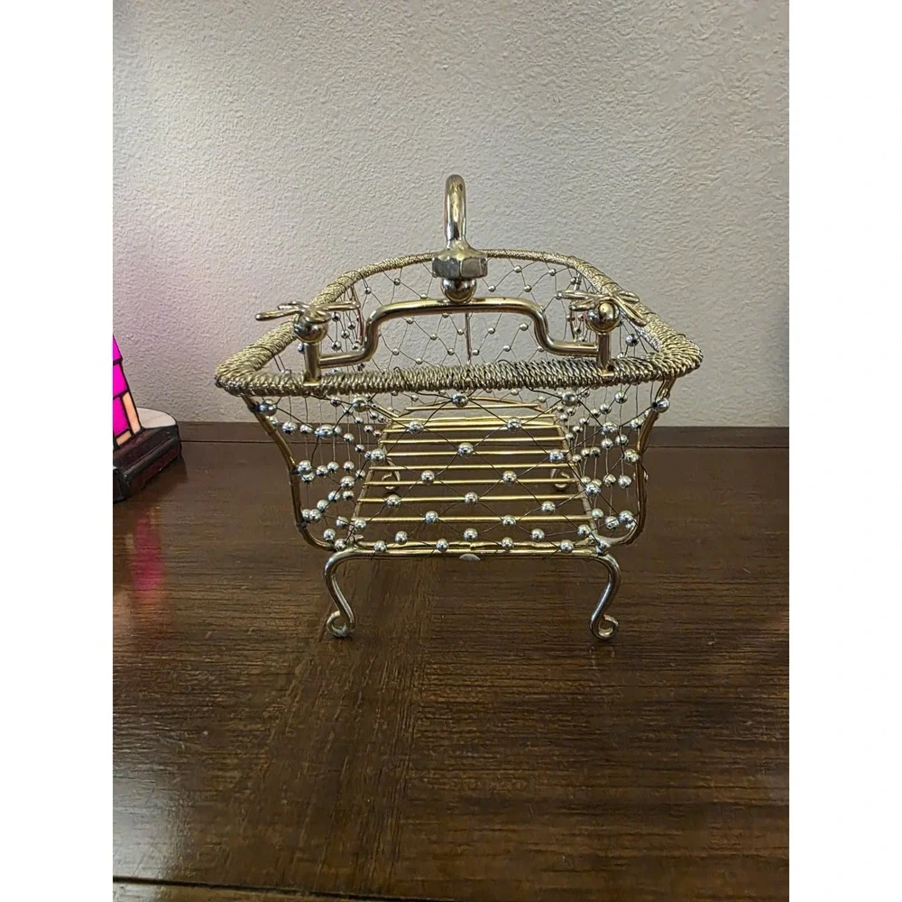 Gold Wire Beaded Clawfoot Bathtub Basket Bathroom Vanity Caddy Towel Soap Holder